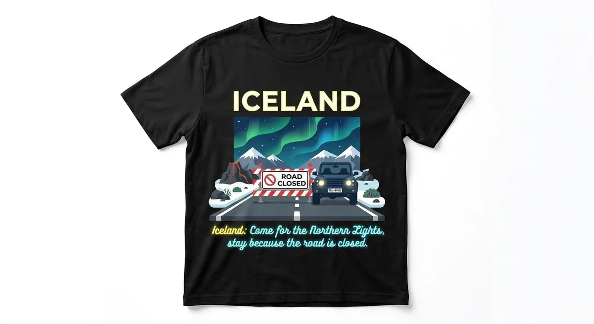 Iceland Souvenir T-Shirt | "Come for Northern Lights, Stay Because Road is Closed" | Funny Travel Tee