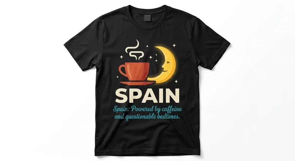 "Powered by Caffeine and Questionable Bedtimes" Graphic Tee | Funny Spain Souvenir | Ultra-Soft Unisex Cotton Shirt