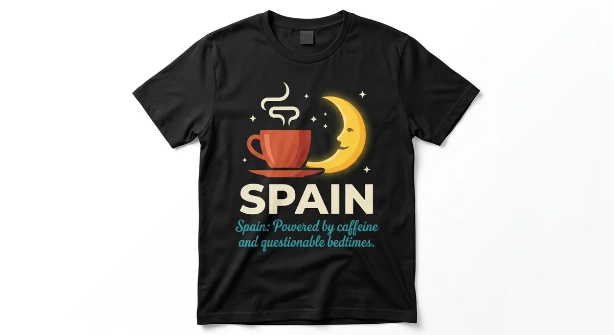 "Powered by Caffeine and Questionable Bedtimes" Graphic Tee | Funny Spain Souvenir | Ultra-Soft Unisex Cotton Shirt