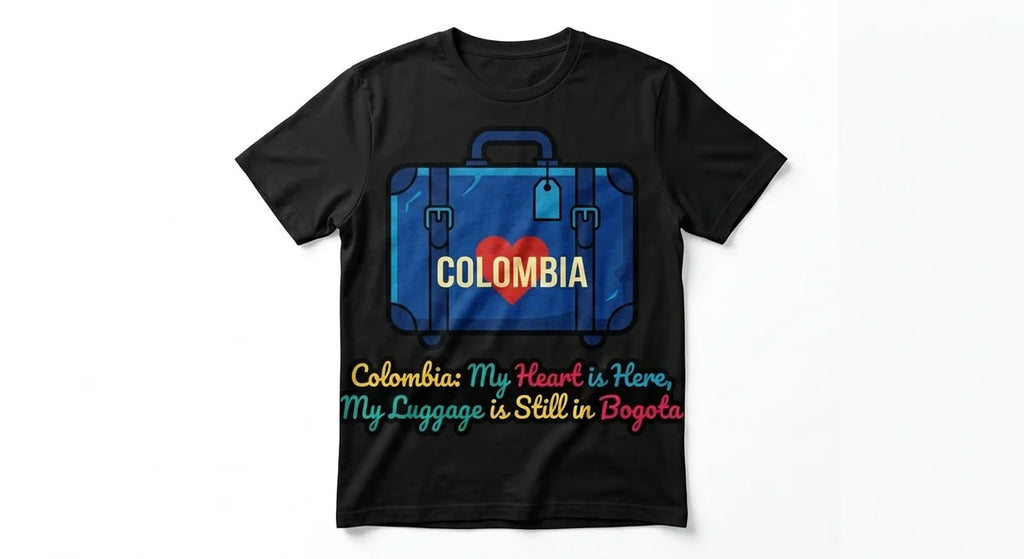 Colombia Travel T-Shirt: "Heart Left in Colombia, Luggage Lost in Bogota" Funny Souvenir Tee