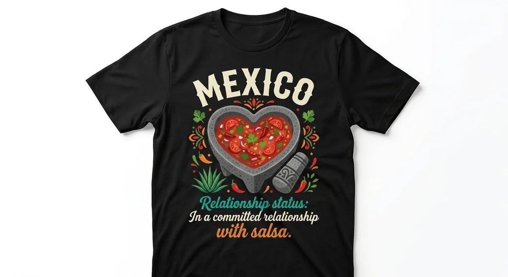 "In a Committed Relationship with Salsa" Mexico Souvenir T-Shirt | Heart-Shaped Molcajete Graphic Tee