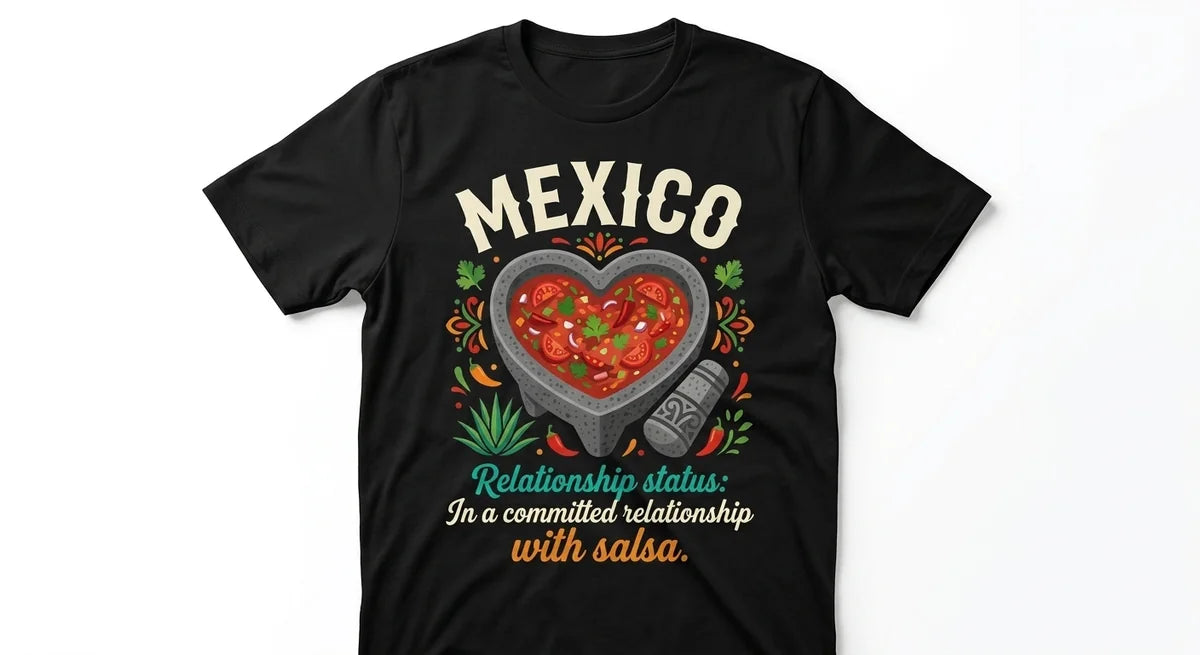 "In a Committed Relationship with Salsa" Mexico Souvenir T-Shirt | Heart-Shaped Molcajete Graphic Tee