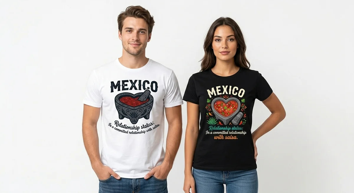 "In a Committed Relationship with Salsa" Mexico Souvenir T-Shirt | Heart-Shaped Molcajete Graphic Tee