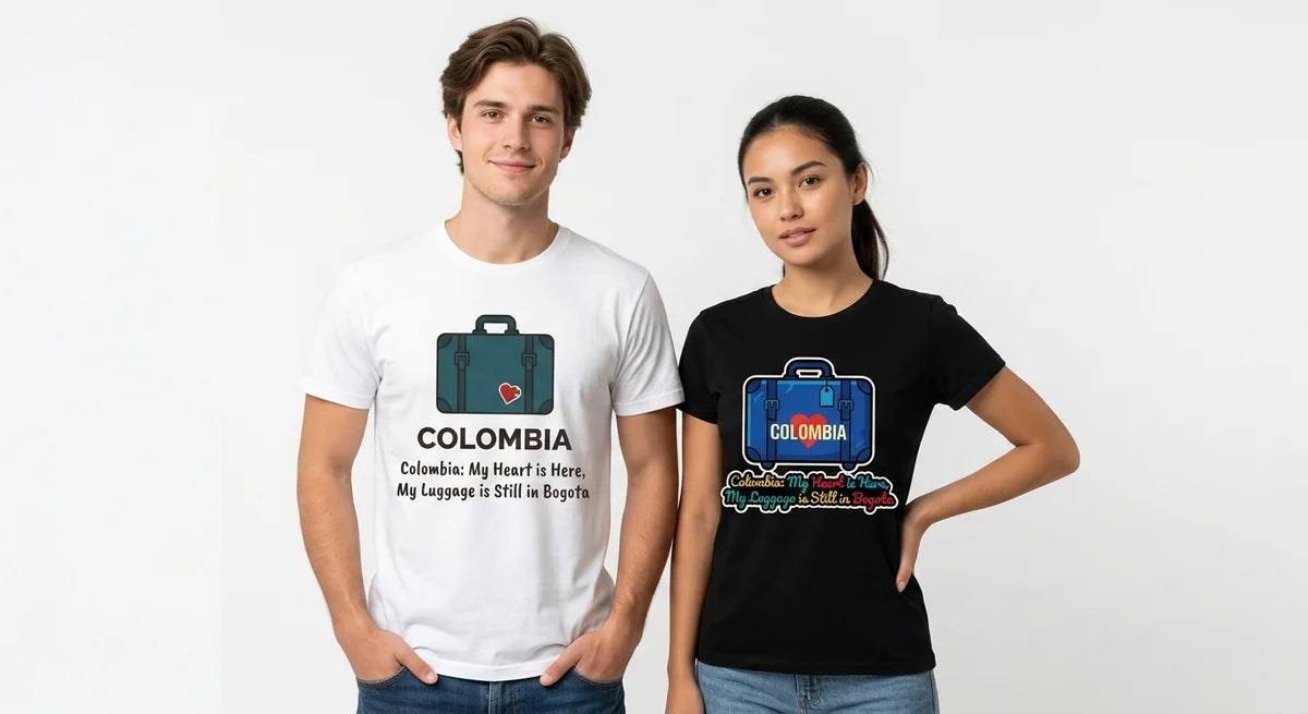 Colombia Travel T-Shirt: "Heart Left in Colombia, Luggage Lost in Bogota" Funny Souvenir Tee