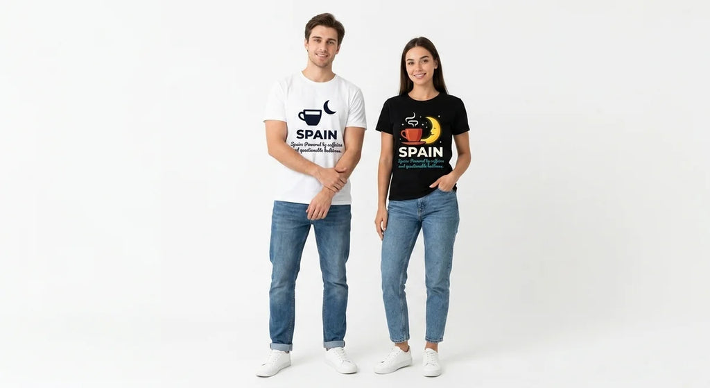 "Powered by Caffeine and Questionable Bedtimes" Graphic Tee | Funny Spain Souvenir | Ultra-Soft Unisex Cotton Shirt