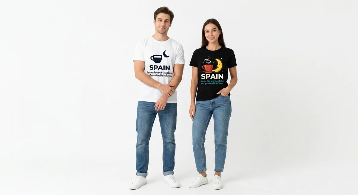 "Powered by Caffeine and Questionable Bedtimes" Graphic Tee | Funny Spain Souvenir | Ultra-Soft Unisex Cotton Shirt