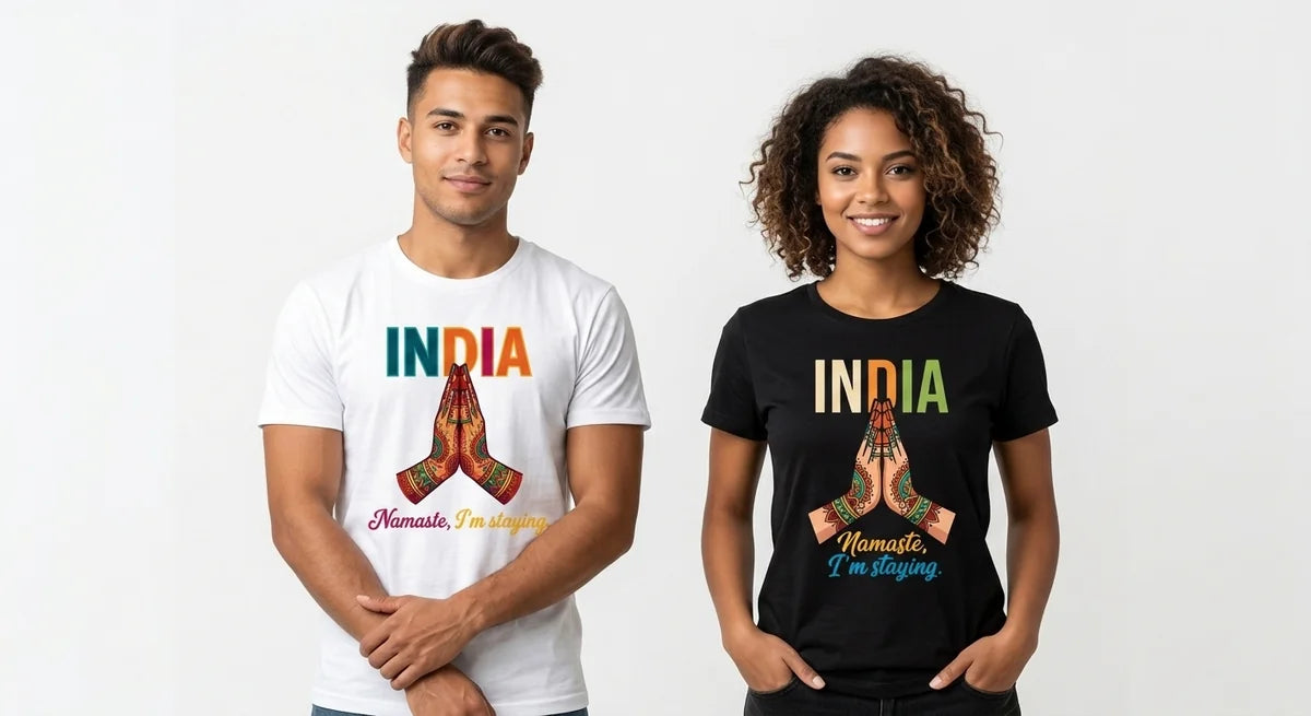 "Namaste, I’m Staying" India Souvenir T-Shirt | Premium Cotton Graphic Tee for Travelers Who Never Want to Leave
