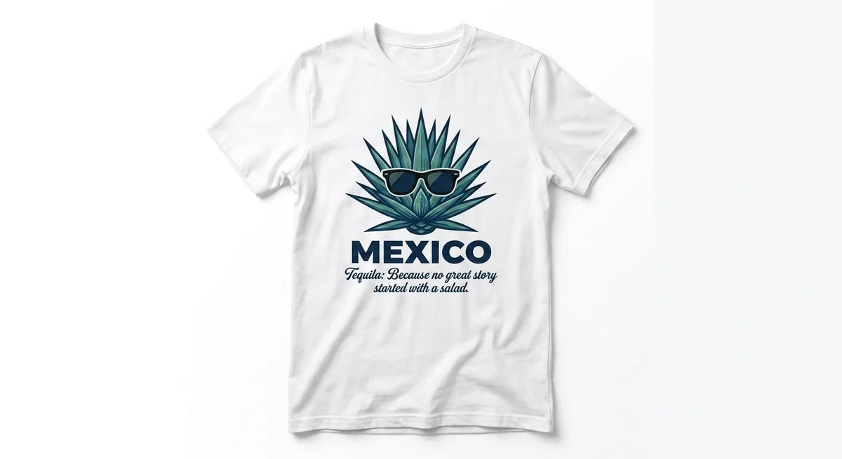 Mexico Vacation Souvenir T-Shirt | Agave Sunglasses Graphic Tee | "Tequila: No Great Story Started With A Salad" Funny Unisex Shirt