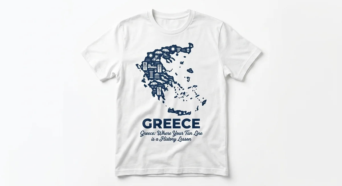 Greece Travel T-Shirt | "Where Your Tan Line is a History Lesson" Funny Vacation Tee | Premium Cotton Souvenir Shirt