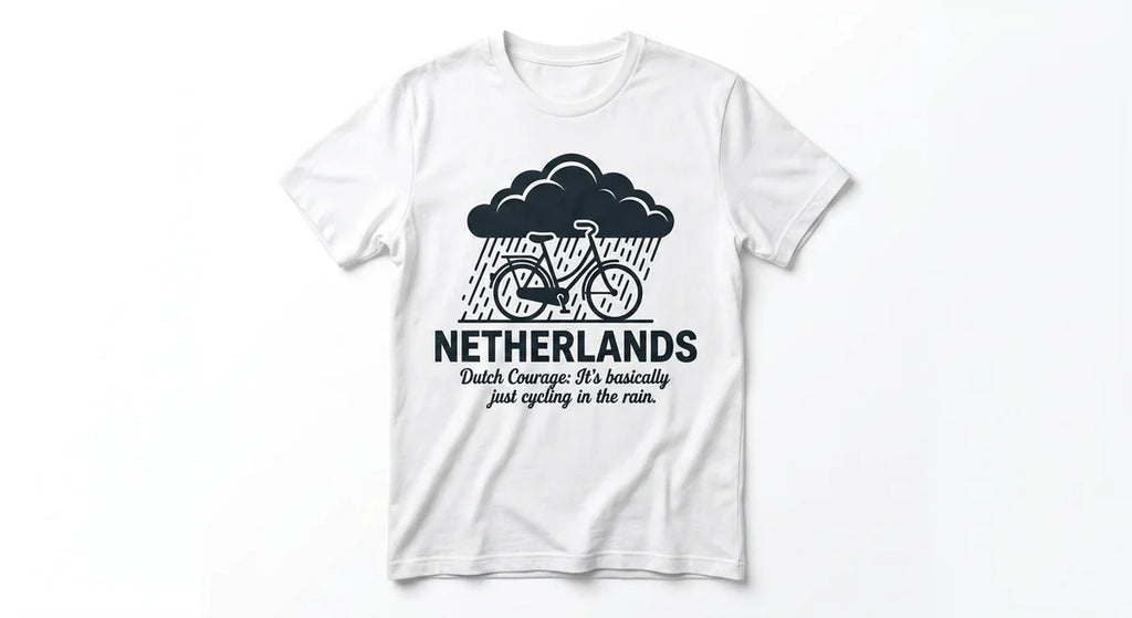 Dutch Courage Cycling T-Shirt | Funny Netherlands Souvenir | Retro Bicycle & Rain Cloud Graphic Tee