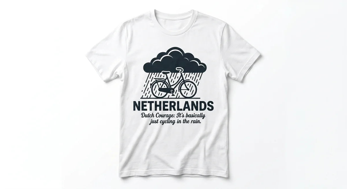 Dutch Courage Cycling T-Shirt | Funny Netherlands Souvenir | Retro Bicycle & Rain Cloud Graphic Tee