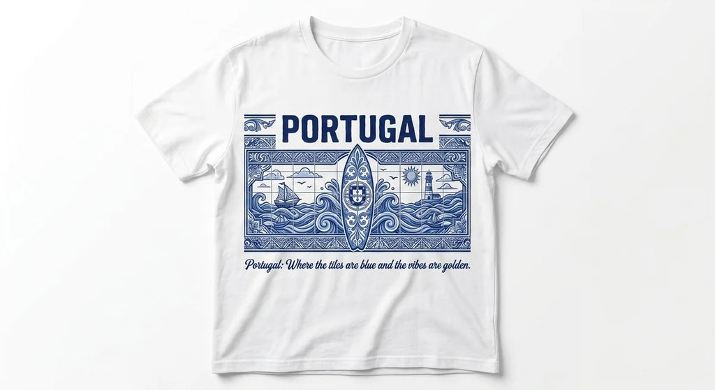 Portugal Azulejo Surfboard T-Shirt | Premium Cotton Graphic Tee for Portugal Lovers & Beach Bums