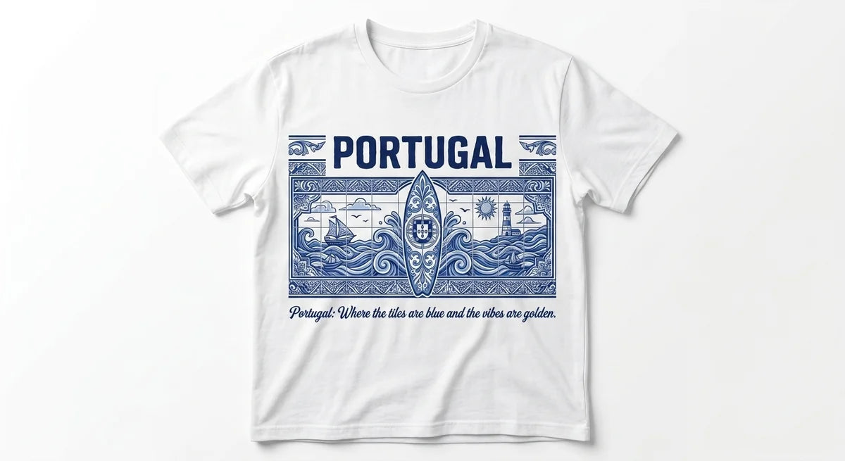 Portugal Azulejo Surfboard T-Shirt | Premium Cotton Graphic Tee for Portugal Lovers & Beach Bums