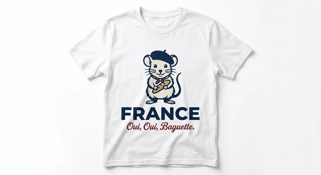 Oui, Oui, Baguette Graphic T-Shirt | Funny France Souvenir Tee | Beret-Wearing Mouse Apparel