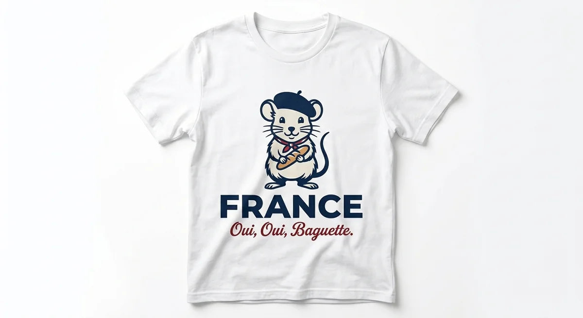 Oui, Oui, Baguette Graphic T-Shirt | Funny France Souvenir Tee | Beret-Wearing Mouse Apparel