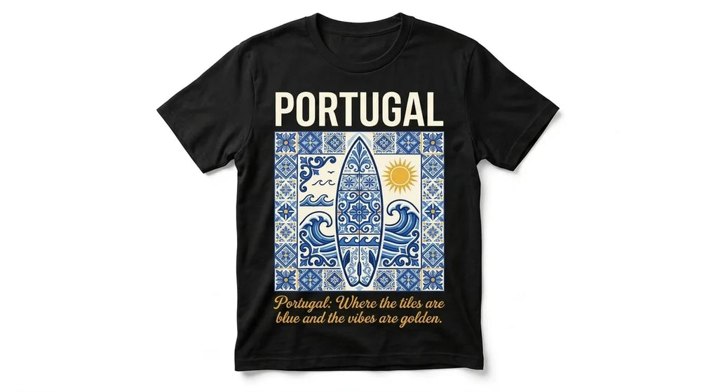 Portugal Azulejo Surfboard T-Shirt | Premium Cotton Graphic Tee for Portugal Lovers & Beach Bums