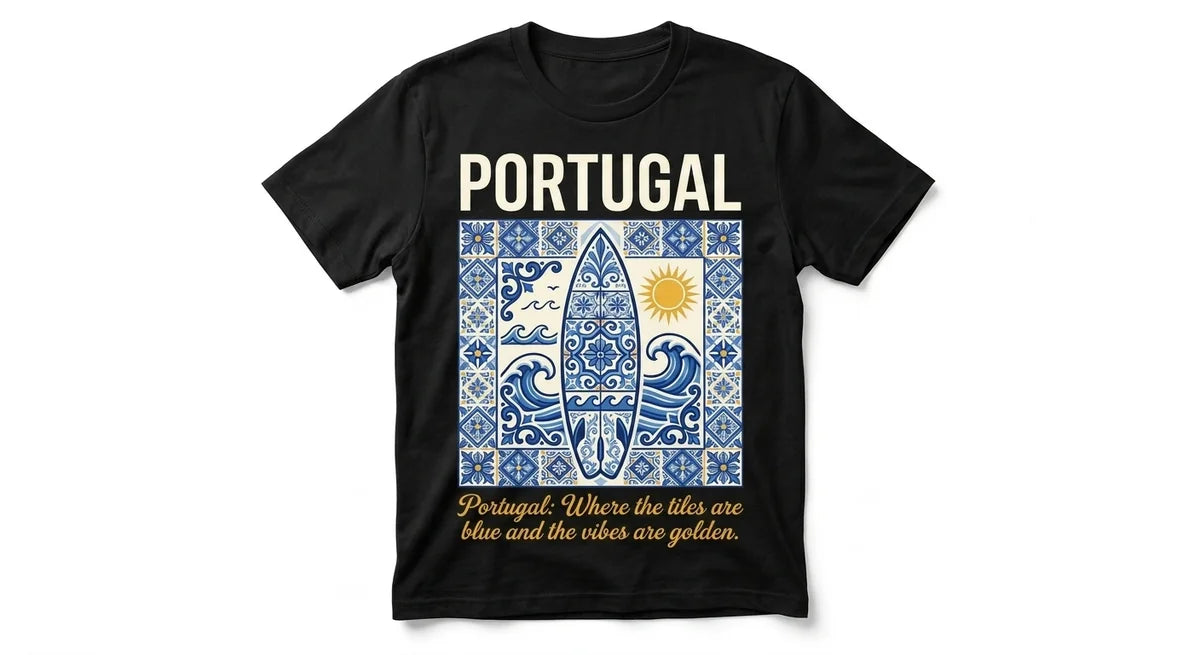 Portugal Azulejo Surfboard T-Shirt | Premium Cotton Graphic Tee for Portugal Lovers & Beach Bums