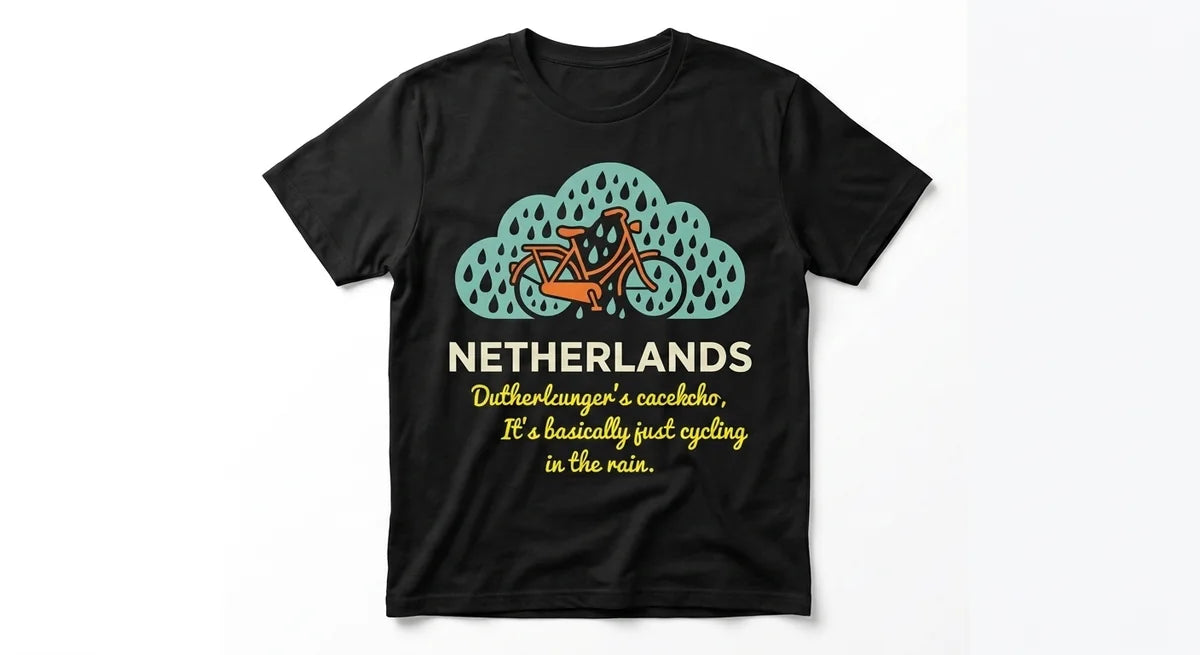 Dutch Courage Cycling T-Shirt | Funny Netherlands Souvenir | Retro Bicycle & Rain Cloud Graphic Tee