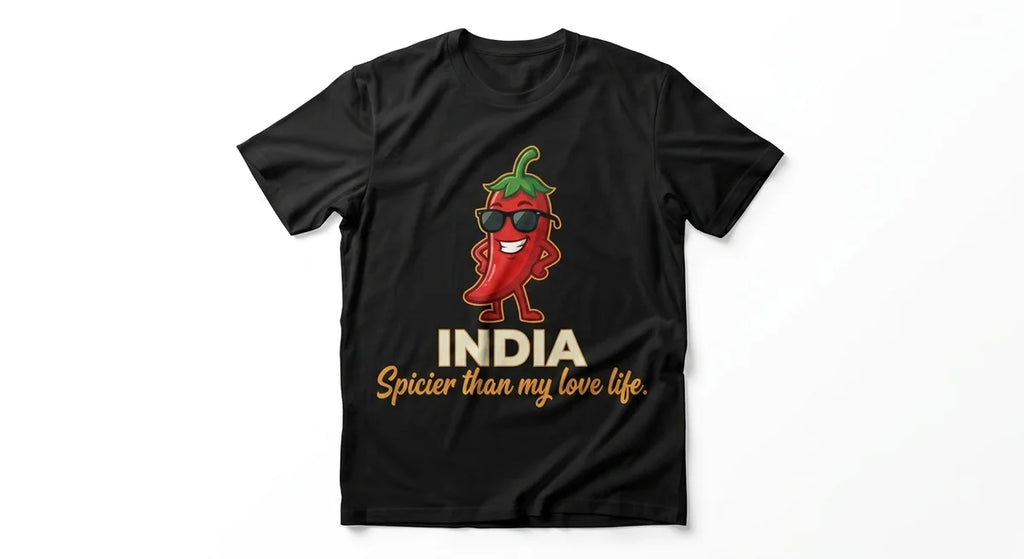 India Souvenir T-Shirt | "Spicier Than My Love Life" Funny Graphic Tee | Red Chili Sunglasses Design | Premium 100% Cotton Unisex Apparel