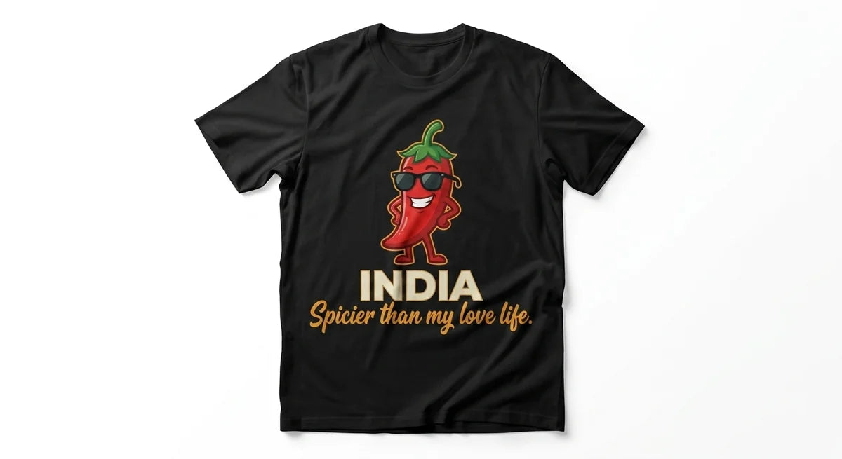 India Souvenir T-Shirt | "Spicier Than My Love Life" Funny Graphic Tee | Red Chili Sunglasses Design | Premium 100% Cotton Unisex Apparel