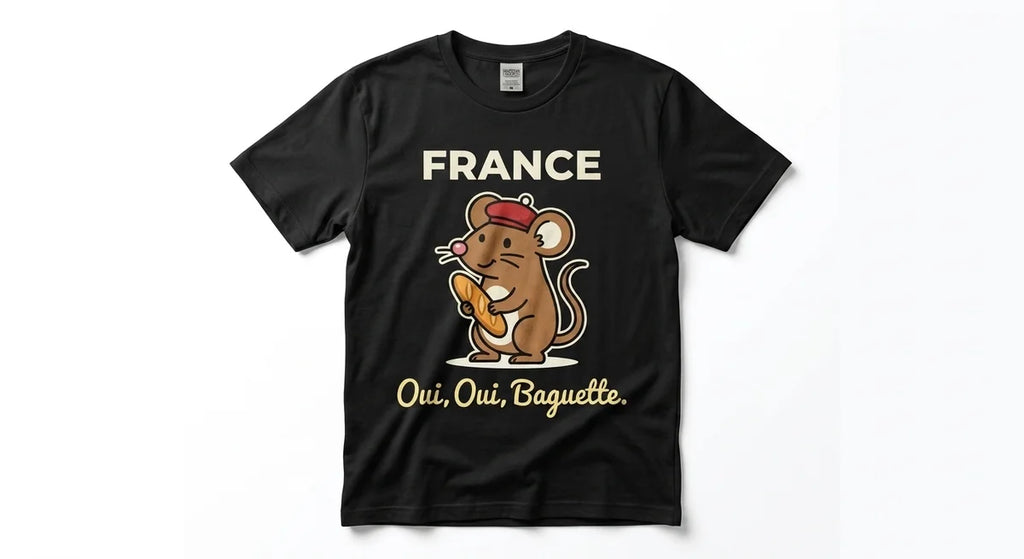 Oui, Oui, Baguette Graphic T-Shirt | Funny France Souvenir Tee | Beret-Wearing Mouse Apparel