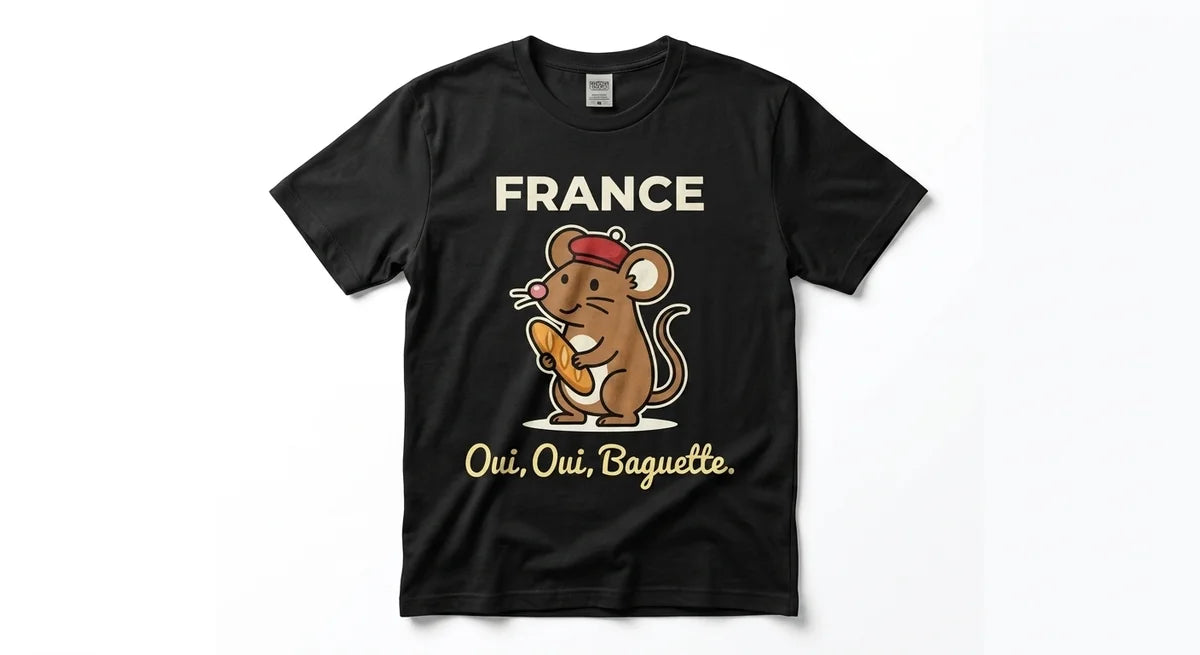Oui, Oui, Baguette Graphic T-Shirt | Funny France Souvenir Tee | Beret-Wearing Mouse Apparel