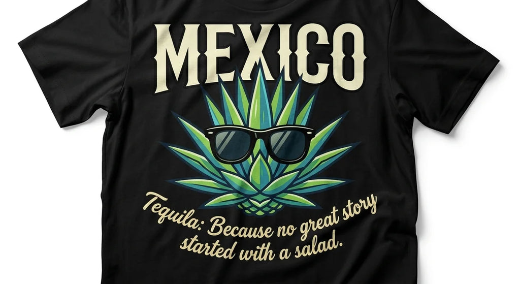 Mexico Vacation Souvenir T-Shirt | Agave Sunglasses Graphic Tee | "Tequila: No Great Story Started With A Salad" Funny Unisex Shirt