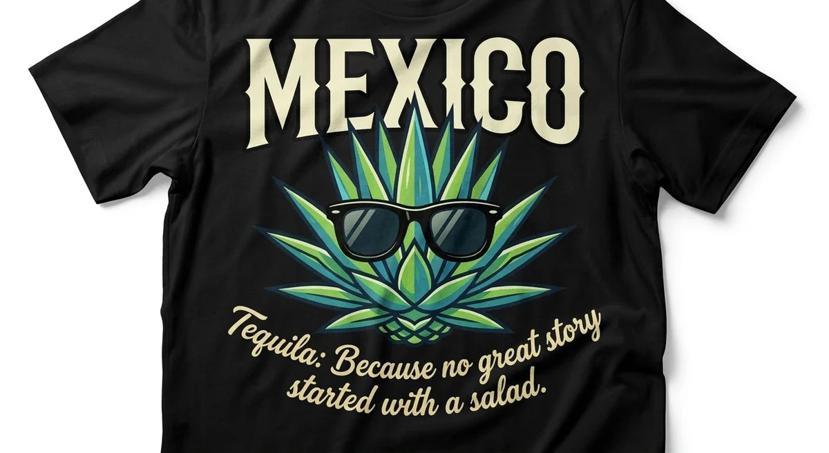 Mexico Vacation Souvenir T-Shirt | Agave Sunglasses Graphic Tee | "Tequila: No Great Story Started With A Salad" Funny Unisex Shirt