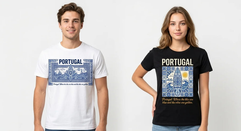 Portugal Azulejo Surfboard T-Shirt | Premium Cotton Graphic Tee for Portugal Lovers & Beach Bums