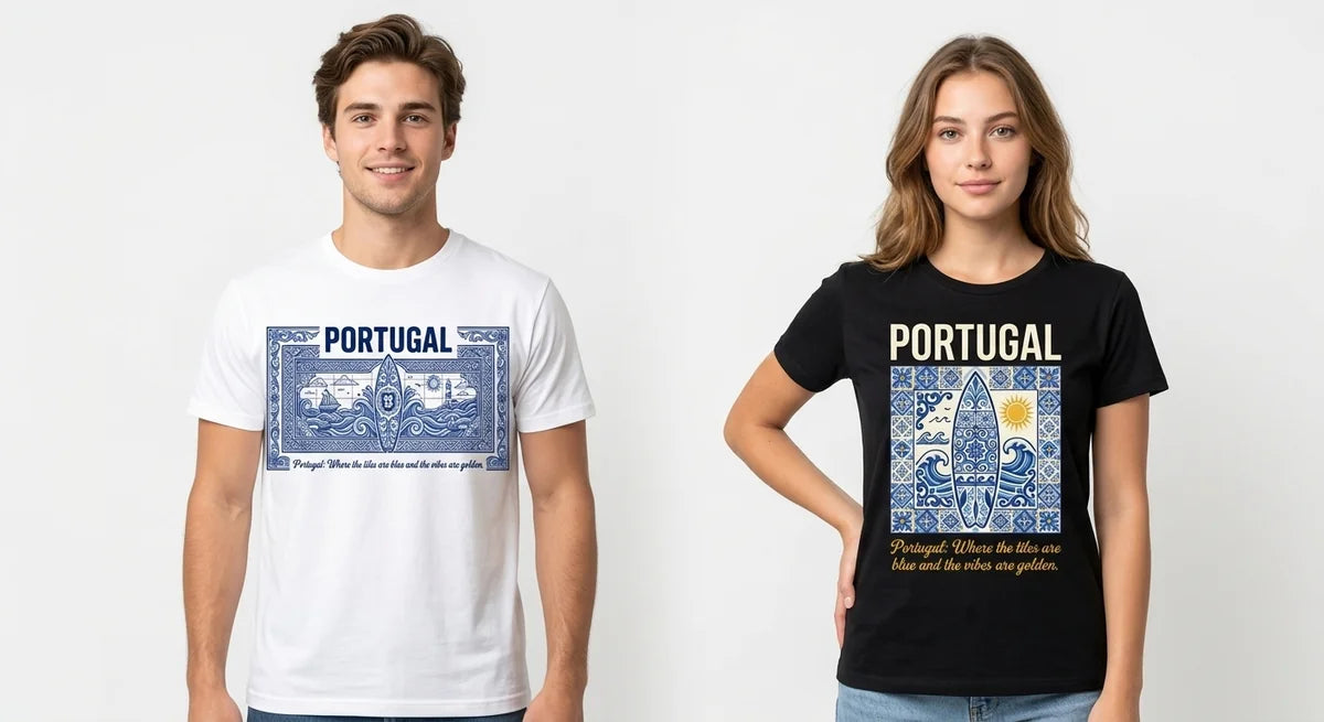 Portugal Azulejo Surfboard T-Shirt | Premium Cotton Graphic Tee for Portugal Lovers & Beach Bums