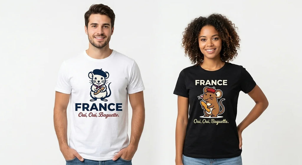 Oui, Oui, Baguette Graphic T-Shirt | Funny France Souvenir Tee | Beret-Wearing Mouse Apparel