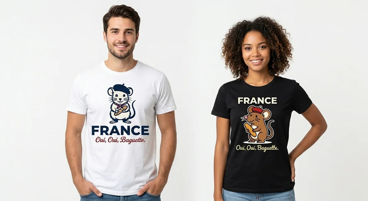 Oui, Oui, Baguette Graphic T-Shirt | Funny France Souvenir Tee | Beret-Wearing Mouse Apparel