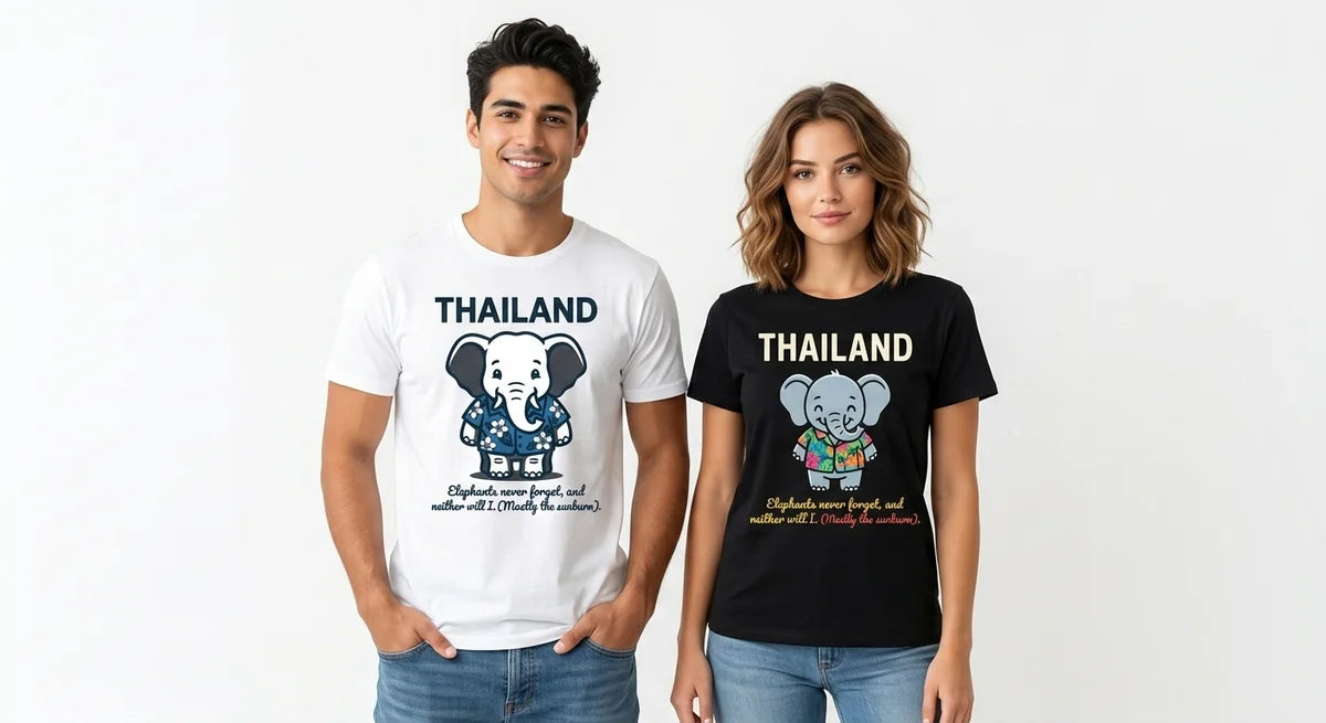 Thailand Souvenir T-Shirt | "Elephants Never Forget" Cute Elephant Graphic Tee | Soft Cotton Travel Shirt