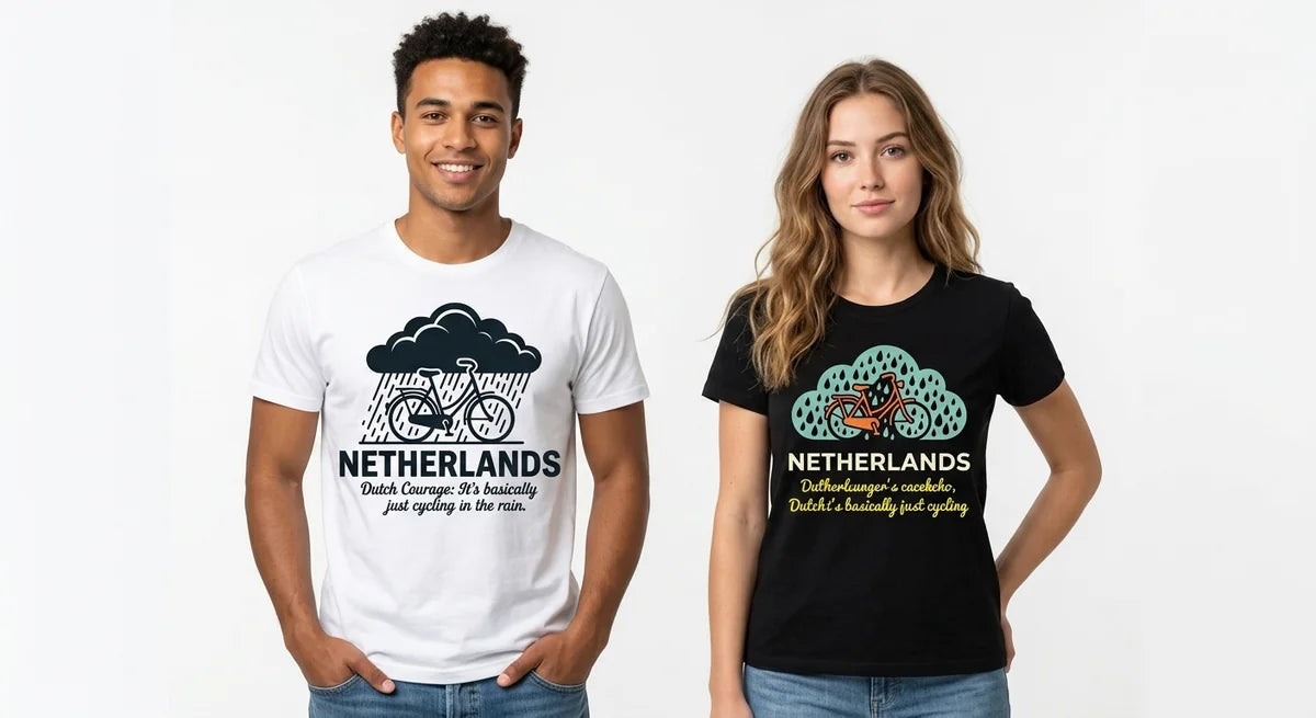 Dutch Courage Cycling T-Shirt | Funny Netherlands Souvenir | Retro Bicycle & Rain Cloud Graphic Tee