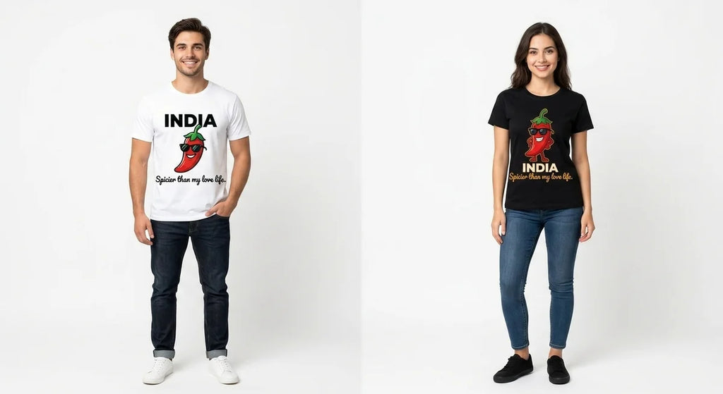 India Souvenir T-Shirt | "Spicier Than My Love Life" Funny Graphic Tee | Red Chili Sunglasses Design | Premium 100% Cotton Unisex Apparel