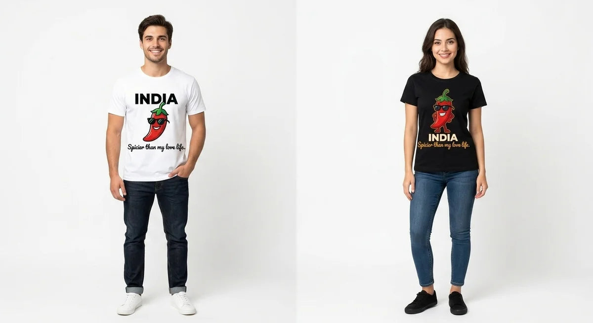 India Souvenir T-Shirt | "Spicier Than My Love Life" Funny Graphic Tee | Red Chili Sunglasses Design | Premium 100% Cotton Unisex Apparel