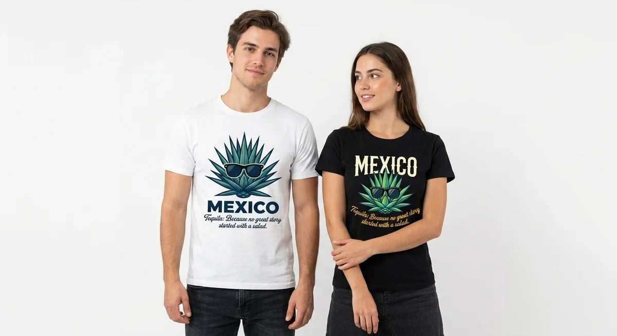 Mexico Vacation Souvenir T-Shirt | Agave Sunglasses Graphic Tee | "Tequila: No Great Story Started With A Salad" Funny Unisex Shirt