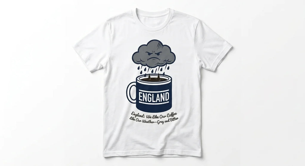 England Souvenir T-Shirt: "Grey & Bitter" Funny Weather Coffee Graphic Tee