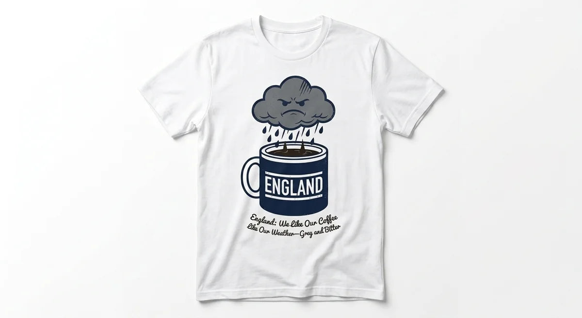 England Souvenir T-Shirt: "Grey & Bitter" Funny Weather Coffee Graphic Tee