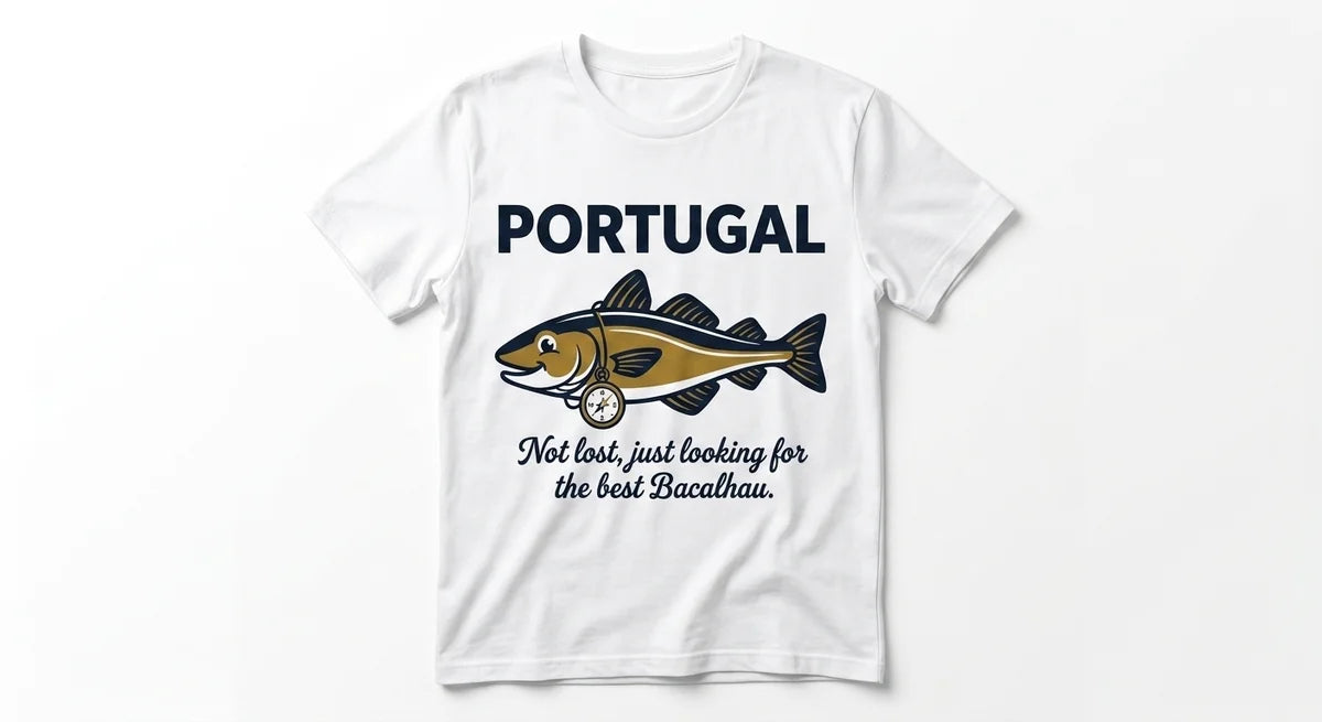 Portugal Travel T-Shirt | "Not Lost, Just Looking for Bacalhau" Funny Codfish Graphic Tee | Premium Cotton Souvenir Shirt