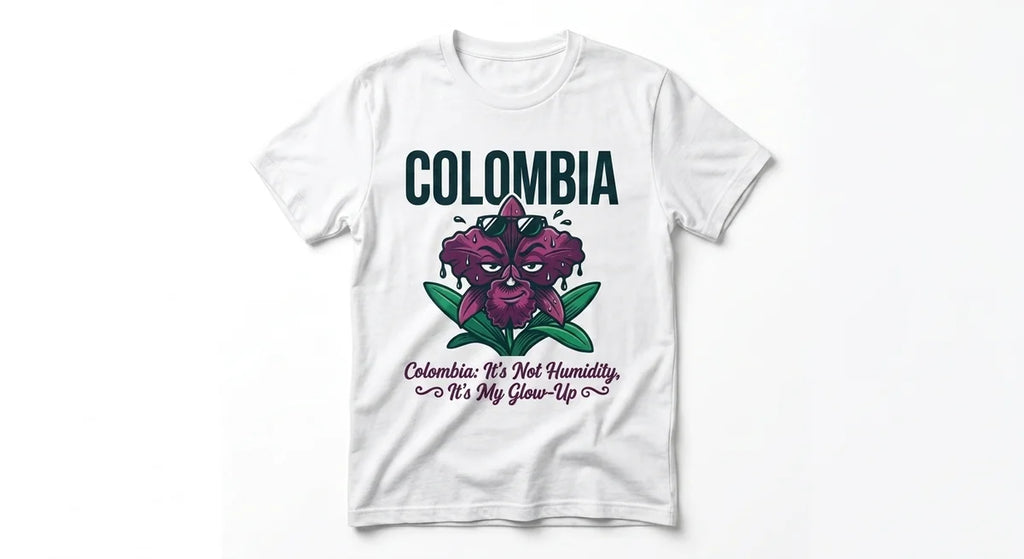 Colombia Tropical Glow-Up Graphic T-Shirt | Premium 100% Cotton Souvenir Tee | Funny Humidity-Proof Apparel