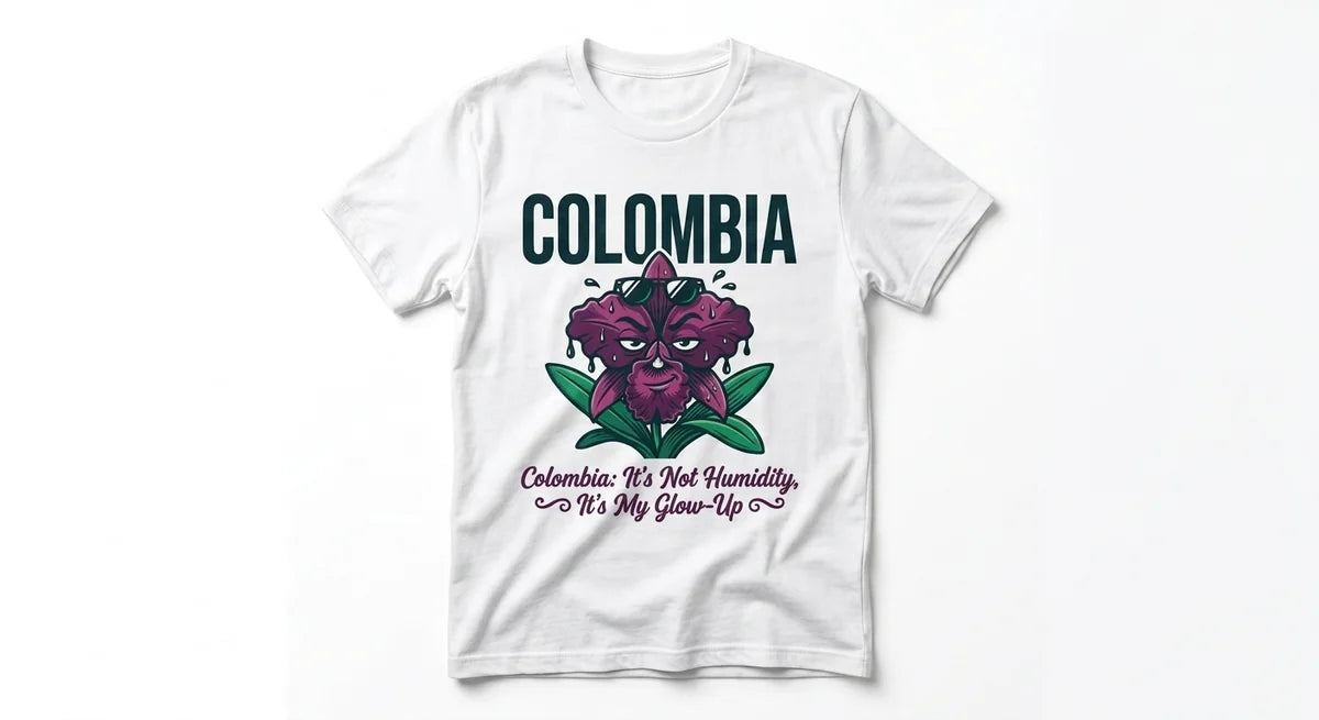 Colombia Tropical Glow-Up Graphic T-Shirt | Premium 100% Cotton Souvenir Tee | Funny Humidity-Proof Apparel