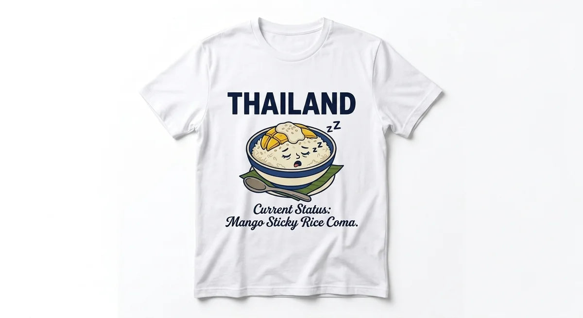 Thailand Travel Souvenir T-Shirt | "Mango Sticky Rice Coma" Funny Foodie Tee | Unisex Cotton Graphic Shirt