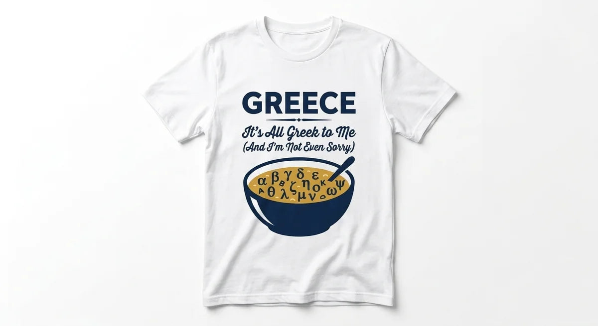 "It’s All Greek to Me" Funny Travel T-Shirt | Premium Greece Souvenir Tee | Alphabet Soup Graphic Crewneck