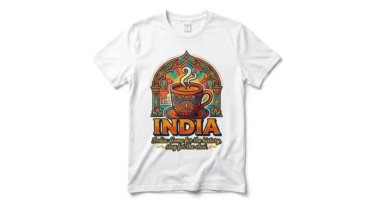 India Travel Souvenir T-Shirt | "Come for the History, Stay for the Chai" Graphic Tee | Unisex Cotton Casual Wear