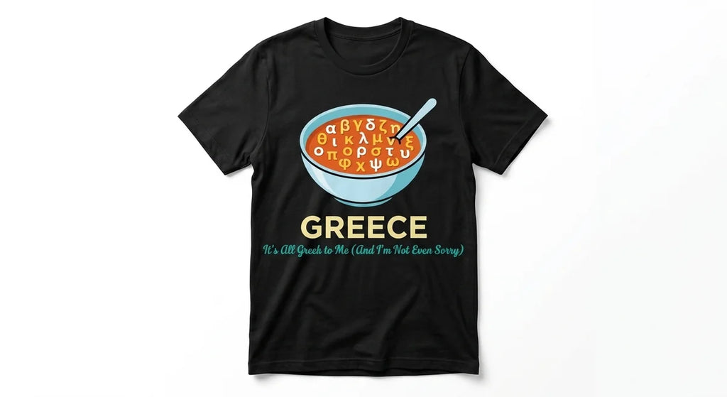 "It’s All Greek to Me" Funny Travel T-Shirt | Premium Greece Souvenir Tee | Alphabet Soup Graphic Crewneck