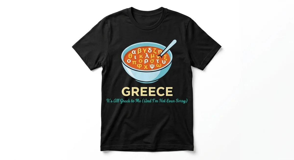 "It’s All Greek to Me" Funny Travel T-Shirt | Premium Greece Souvenir Tee | Alphabet Soup Graphic Crewneck