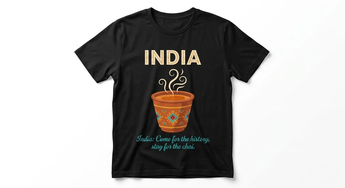 India Travel Souvenir T-Shirt | "Come for the History, Stay for the Chai" Graphic Tee | Unisex Cotton Casual Wear