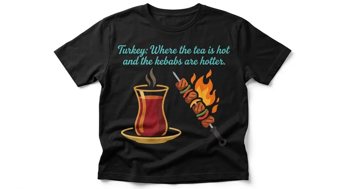 Turkey Souvenir T-Shirt | "Hot Tea & Hotter Kebabs" Graphic Tee | Premium Turkish Cotton Unisex Shirt
