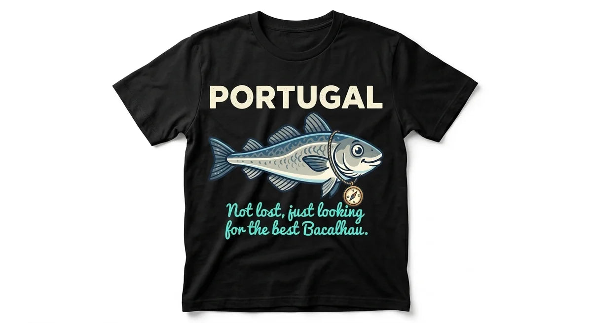Portugal Travel T-Shirt | "Not Lost, Just Looking for Bacalhau" Funny Codfish Graphic Tee | Premium Cotton Souvenir Shirt